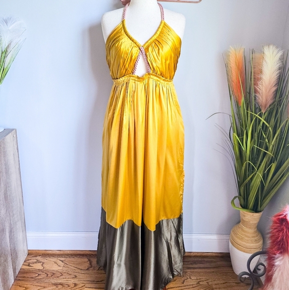 Anthropologie, New, Yellow Silk Colorblocked Silk Midi Halter Sun Dress, Size 14 - Picture 16 of 16